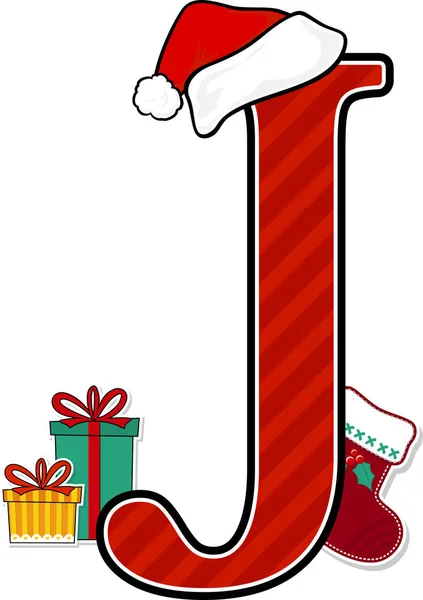 Großbuchstabe Mit Rotem Weihnachtsmannhut Und Weihnachtlichen Designelementen Auf Weißem Hintergrund — Stockvektor