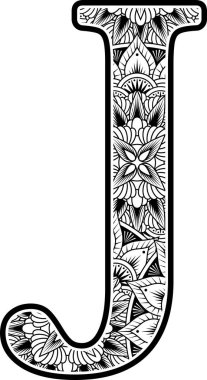 Büyük harf J, soyut çiçek süsleriyle siyah beyaz. Renklendirme için mandala sanat tarzından esinlenilmiş tasarım. Beyaz arkaplanda izole
