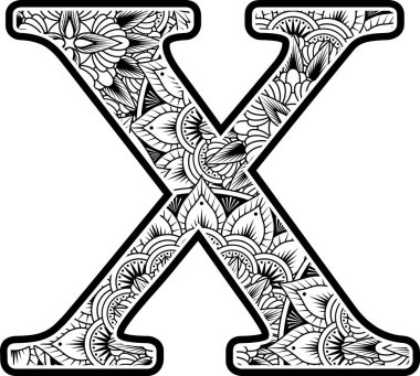 Büyük harf X, soyut çiçek süslemeleri ile siyah beyaz. Renklendirme için mandala sanat tarzından esinlenilmiş tasarım. Beyaz arkaplanda izole