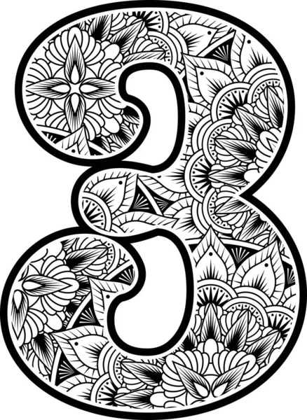Číslo Abstraktními Květinovými Ozdobami Černobílé Barvě Design Inspirovaný Mandalou Výtvarného — Stockový vektor