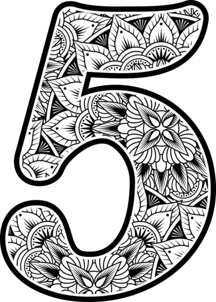 Číslo Abstraktními Květinovými Ozdobami Černobílé Barvě Design Inspirovaný Mandalou Výtvarného — Stockový vektor