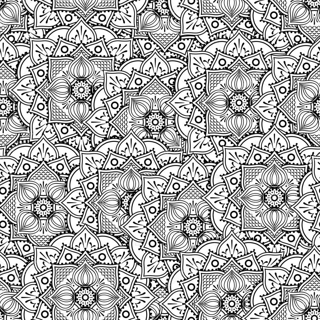 illustration of abstract flowers seamless pattern in black and white inspired on mandala art for coloring with geometric design elements