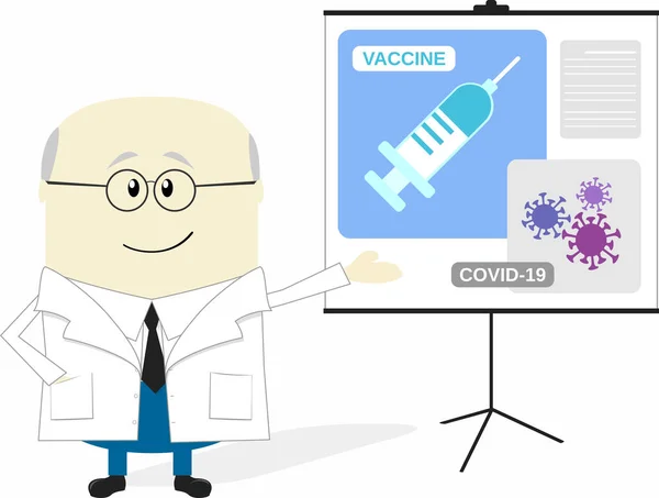 科学者の漫画イラストでコロナウイルスワクチンを紹介しています 白地に隔離された — ストックベクタ