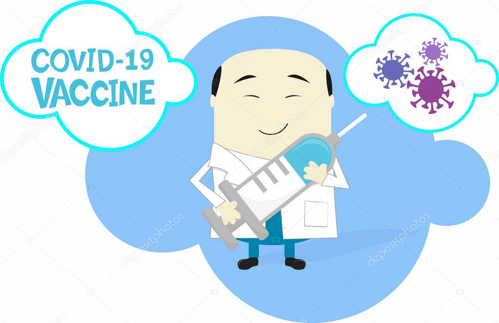 cartoon illustration of asian scientist holding big syringe with coronavirus vaccine. Isolated on white background