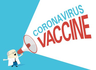Beyaz önlüklü doktor ya da bilim adamının vektör çizimi megafon koronavirüs aşısı aracılığıyla bağırıyor