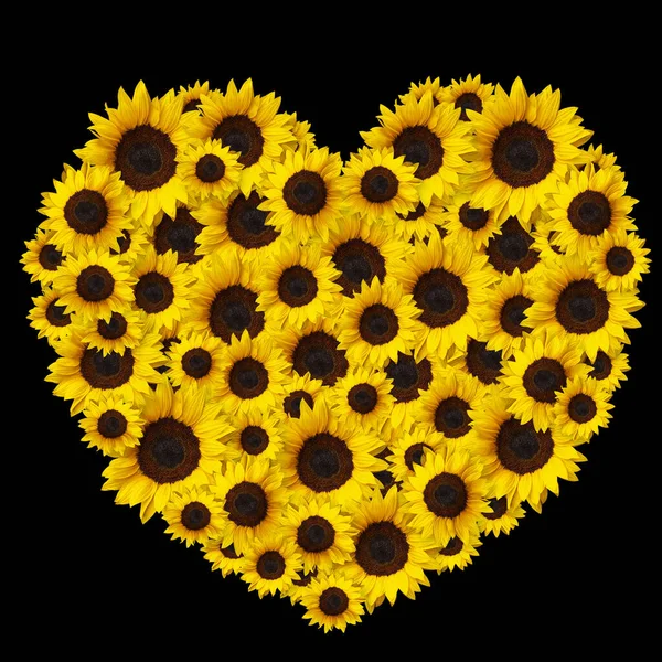 Herzförmiger Blumenstrauß Mit Sonnenblumenblüten Auf Schwarzem Hintergrund Kann Für Einladungen — Stockfoto