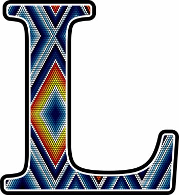 Meksika huichol sanat tarzından esinlenilmiş renkli soyut tasarımlı büyük harf L Beyaz arkaplanda izole