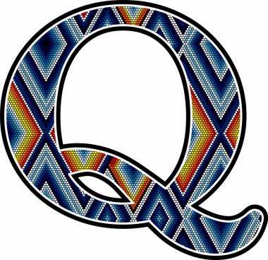 Meksikaca huichol sanat tarzından esinlenilmiş renkli soyut tasarımlı Q harfi. Beyaz arkaplanda izole