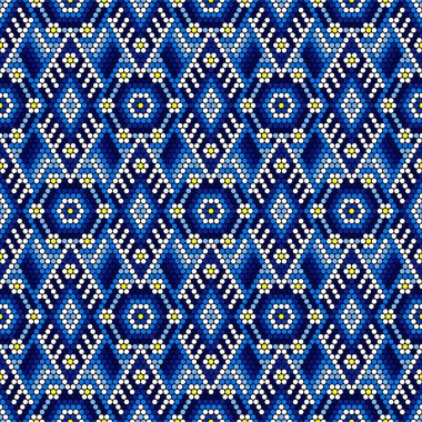 Meksika el yapımı huichol el sanatları tarzından esinlenilmiş geometrik dikişsiz desenlerin vektör çizimi. Döşeme yapılabilir