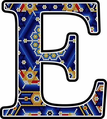 Renkli noktalı büyük E harfi. Meksika huichol sanatından esinlenilmiş soyut tasarım. Beyaz arkaplanda izole