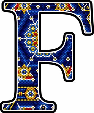 Renkli noktalı büyük F harfi. Meksika huichol sanatından esinlenilmiş soyut tasarım. Beyaz arkaplanda izole