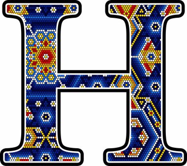 İlk harf H ve renkli noktalar. Meksika huichol sanatından esinlenilmiş soyut tasarım. Beyaz arkaplanda izole