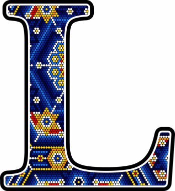 İlk büyük harf L ve renkli noktalar. Meksika huichol sanatından esinlenilmiş soyut tasarım. Beyaz arkaplanda izole