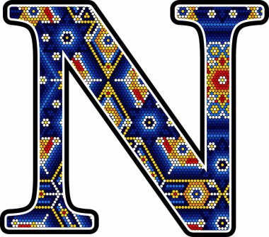 Renkli noktalı büyük N harfi. Meksika huichol sanatından esinlenilmiş soyut tasarım. Beyaz arkaplanda izole