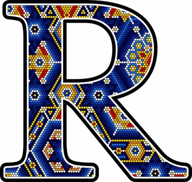 Renkli noktalı büyük R harfi. Meksika huichol sanatından esinlenilmiş soyut tasarım. Beyaz arkaplanda izole