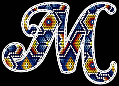 İlk harf M, renkli noktalarla. Meksika huichol boncuklu sanat stilinden esinlenilmiş soyut tasarım. Siyah arkaplanda izole