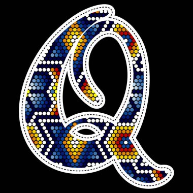 Renkli noktalı büyük Q harfi. Meksika huichol boncuklu sanat stilinden esinlenilmiş soyut tasarım. Siyah arkaplanda izole