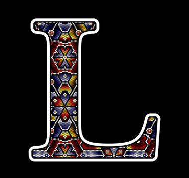 İlk büyük harf L ve renkli noktalar. Meksika huichol boncuklu sanat stilinden esinlenilmiş soyut tasarım. Siyah arkaplanda izole