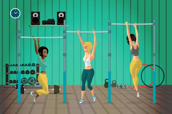 Young women in sports clothes hanging on a horizontal bar in the — Stock Illustration Young women in sports clothes hanging on a horizontal bar in the Stock Illustration