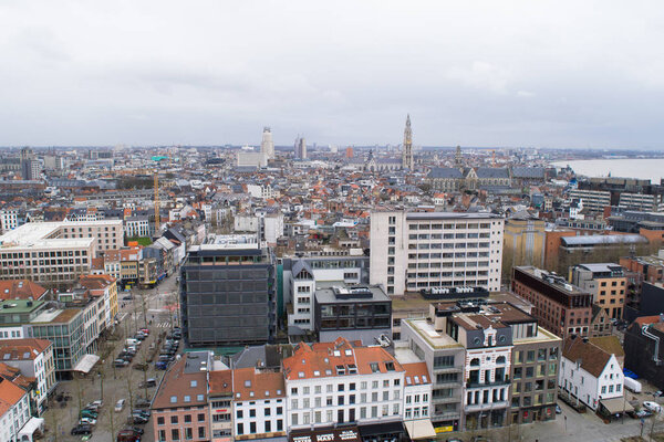 ANTWERP, BELGIUM - 2 MARCH 2017: Panoramic view across the skyline of Antwerp from the MAS observation deck