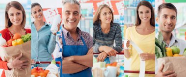 Gülümseyen müşteriler ve süpermarket katip