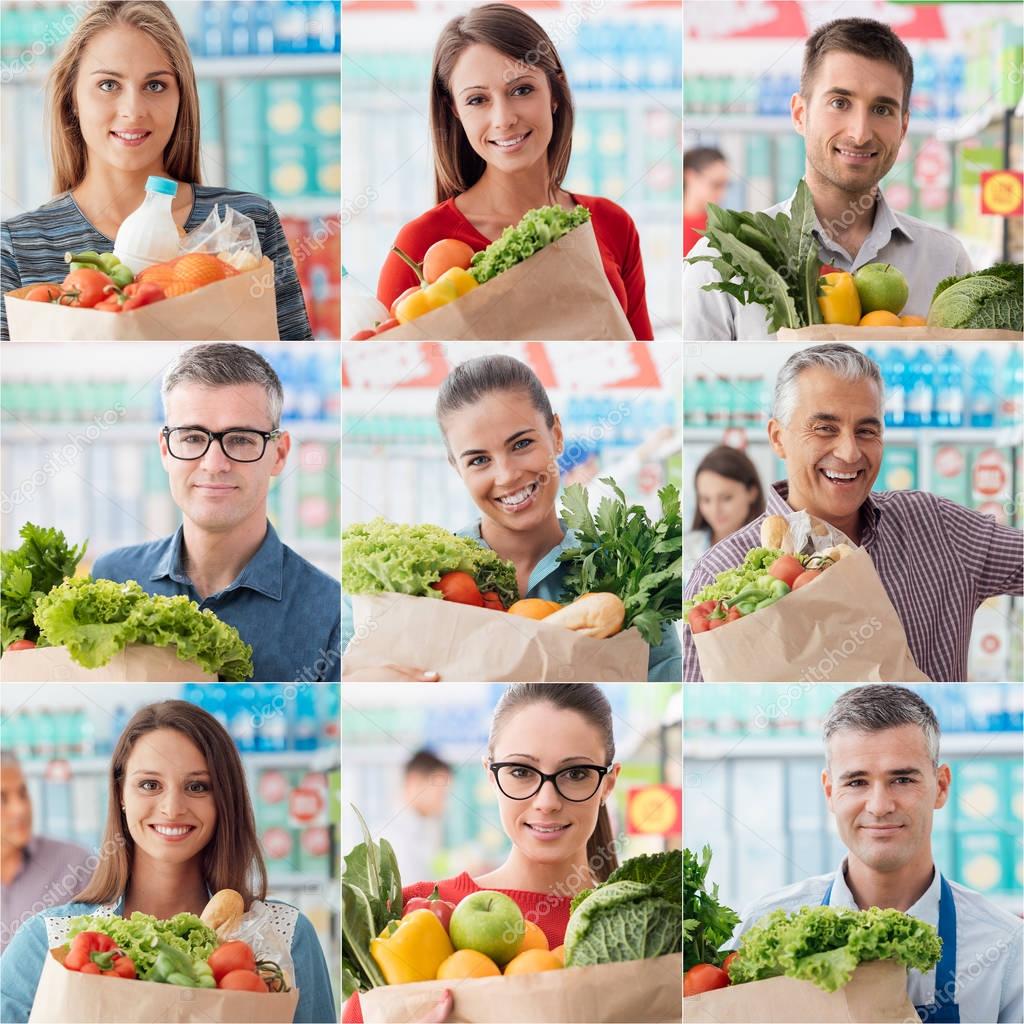 customers and clerk holding grocery bags