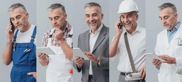 Hombre posando con diferentes uniformes — Foto de Stock