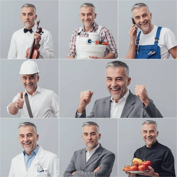 Mannen som poserar med olika uniformer och uttryck — Stockfoto