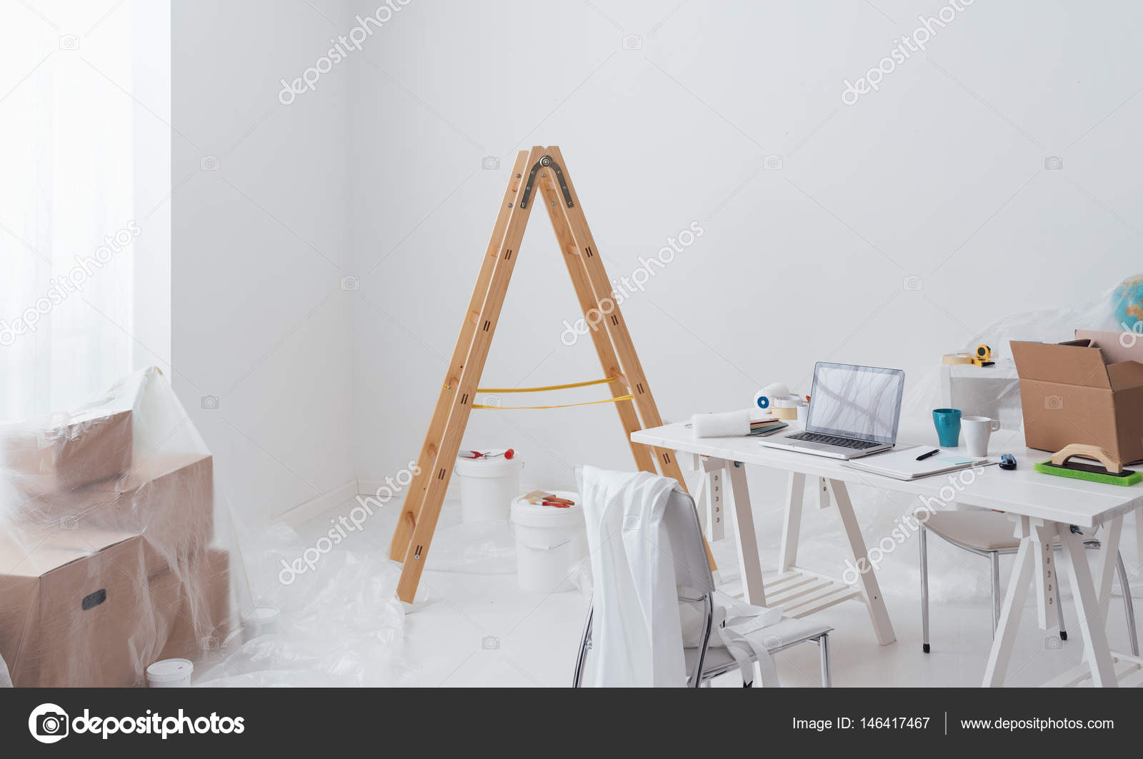 Home interior with ladder and paint buckets — Stock Photo © stokkete 146417467
