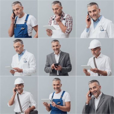 Farklı iş üniformaları içinde poz adam 