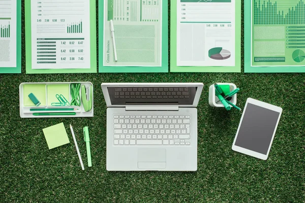 Laptop with financial reports on grass — Stock Photo, Image