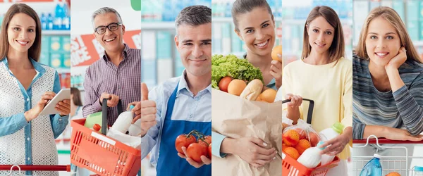 Glimlachende klanten en Supermarkt Griffiers bij winkel — Stockfoto
