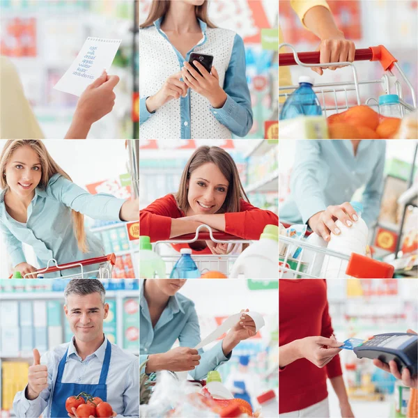 Smiling customers and supermarket clerks at supermarket — Stock Photo, Image