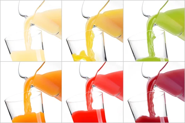 Pouring juices into glasses photo collection — Stock Photo, Image