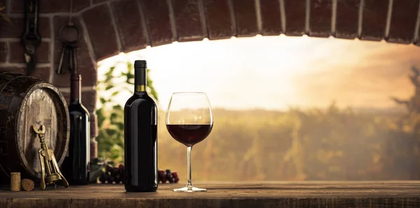 Weinglas und Flaschen neben dem Fenster — Stockfoto