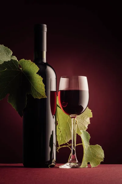 Červené víno láhev a sklenice na víno — ストック写真