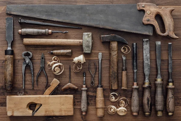 Vintage woodworking tools on workbench — Stock Photo, Image