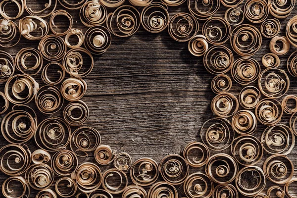 Wood spiral shavings on workbench