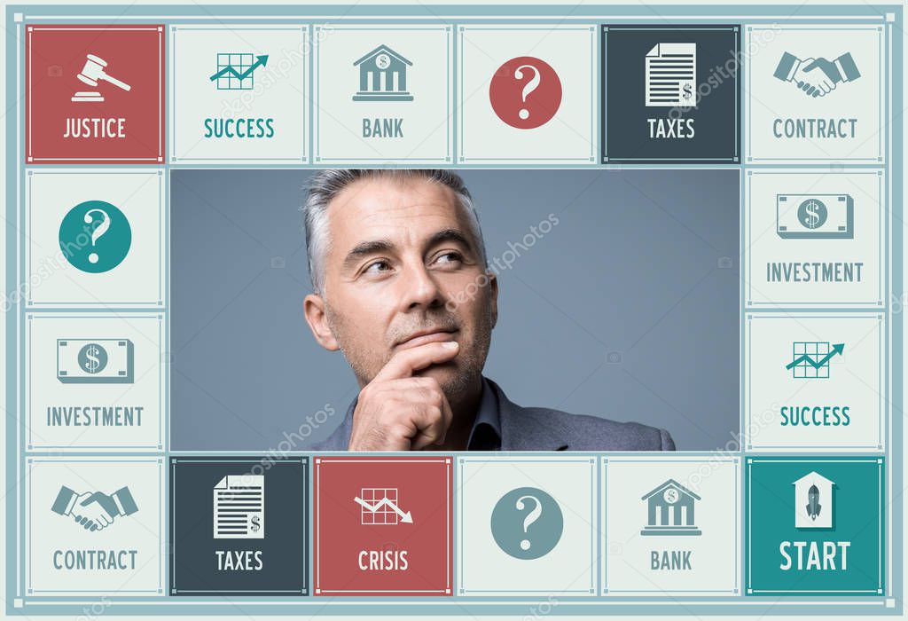 Businessman playing business board game
