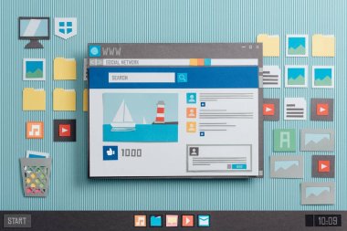 Sosyal medya mesaj ile seviyor ve yorumlar bir tarayıcı penceresi, sosyal ağlar ve topluluk kavramı, kolaj ve kağıt kompozisyon kesti