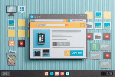 Online Web sitesi ürün resimleri ve bir tarayıcı penceresinde fiyat ile alışveriş, kesme kolaj ve kağıt kompozisyon
