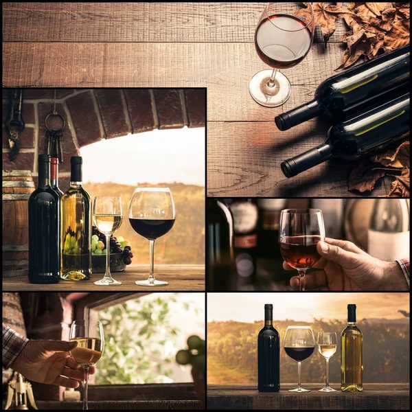 Fotocollage Elaboración Cata Vinos Copas Botellas Vino Bodega Rústica Viñedo — Foto de Stock