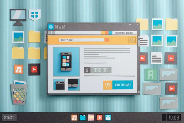 Online Nakupování Stránky Obrázky Produktů Cen Okně Prohlížeče Koláž Papír — Stock fotografie