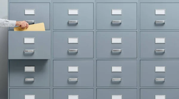 Office Worker Taking File Filing Cabinet Drawer Business Administration Concept — Stock Photo, Image