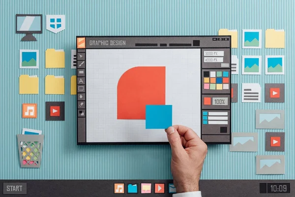 Grafik tasarım ve vektör çizim yazılım arayüzü: bir tasarımcı bir kompozisyon ile şekiller yapıyor, kolaj ve kağıt kesme kompozisyon