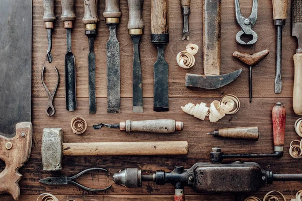 Set Vintage Timmerwerk Tools Een Oude Werkbank Houtbewerking Vakmanschap Handwerk — Stockfoto