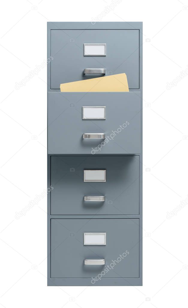 Filing cabinet with open drawer on white background, storage and administration concept
