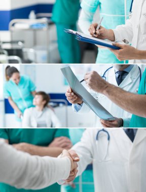 Medical staff working at the hospital, doctors examining medical records and meeting a patient, healthcare and medical exams banners set
