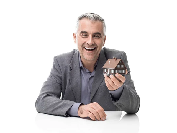 Smiling Real Estate Agent Holding Model House Housing Safe Investments — Stock Photo, Image