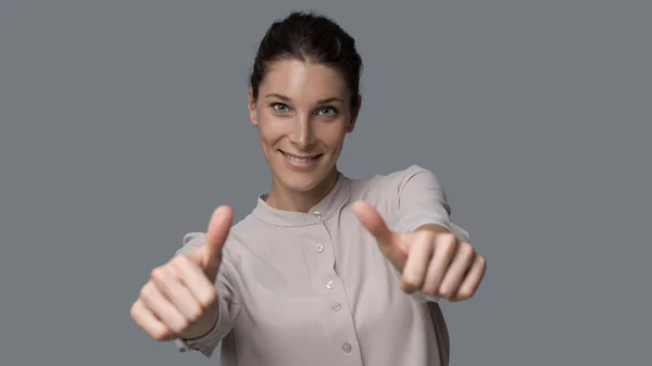 Happy Cheerful Young Woman Giving Thumbs Smiling Camera — Stock Photo, Image